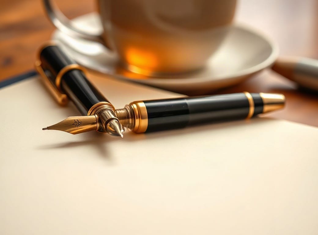 Cuaderno en blanco con una pluma sobre un escritorio con luz cálida