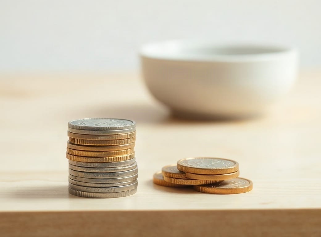 Monedas apiladas sobre un escritorio de madera clara