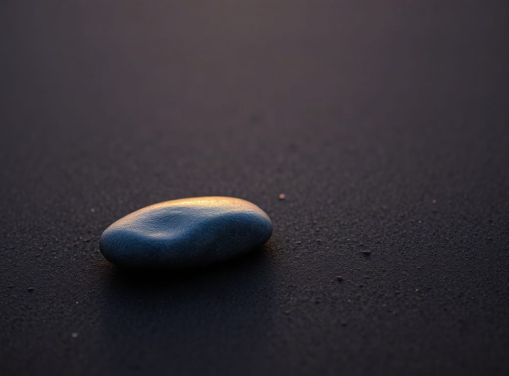 Piedra de río lisa sobre arena oscura al amanecer
