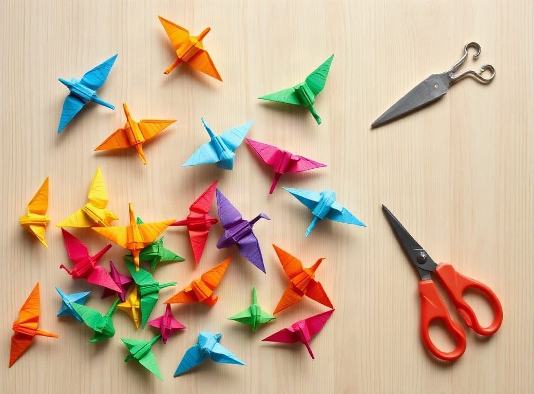 Grullas de origami de colores sobre una mesa de madera clara